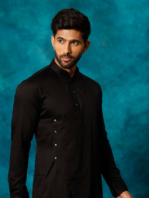 Vastramay Men's Black Cotton Satin Blend Kurta Pyjama Set